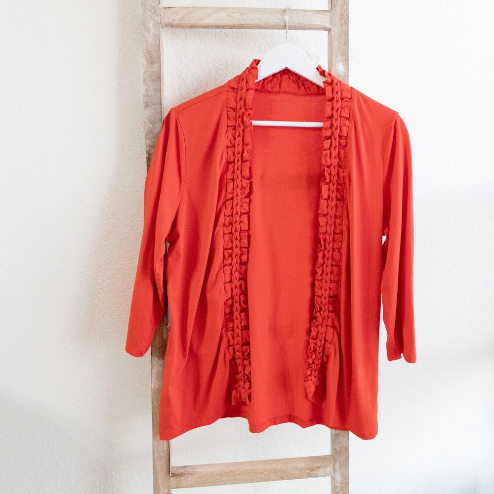 Coldwater Creek Orange Ruffle Cardigan Size M Open Front 3/4 Sleeve Lightweight